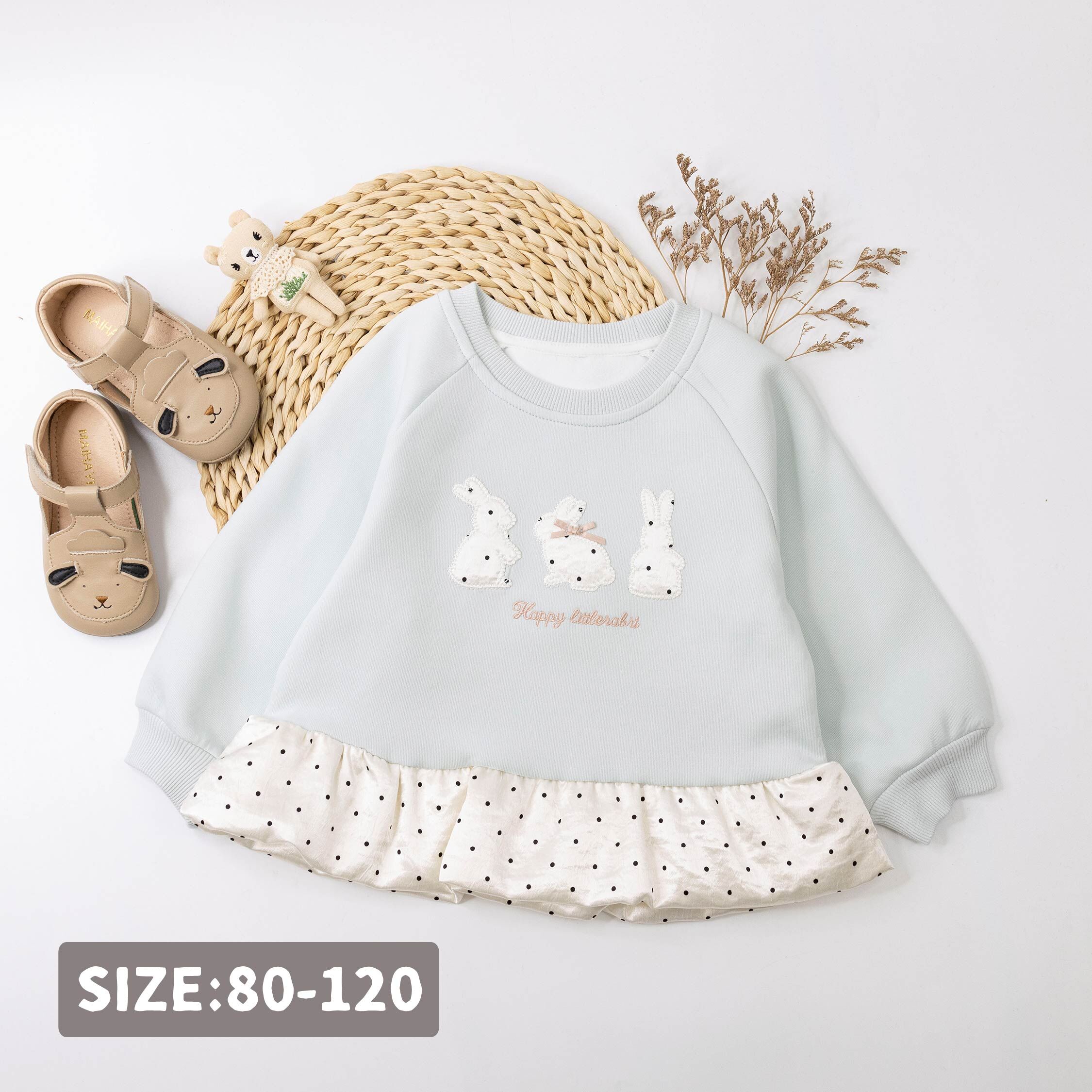 【H55598】小清新點點兔下擺蓬裙拼接上衣