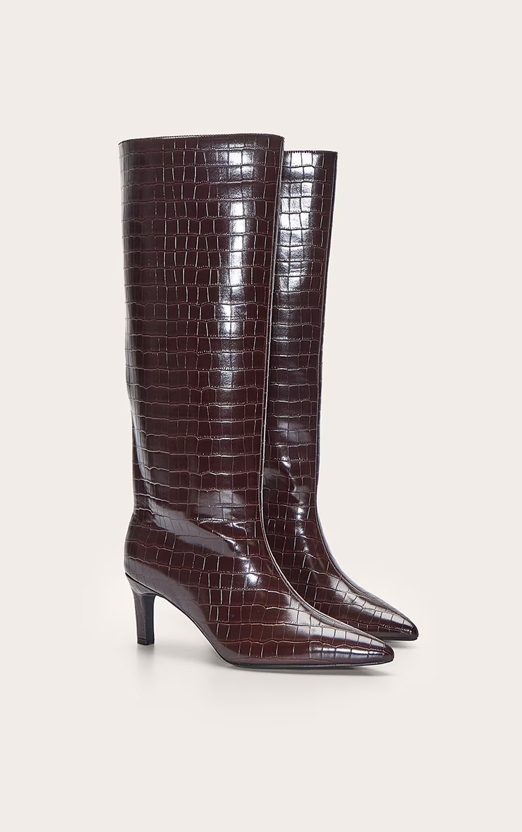 Glamour Empire 咖啡色 Vegan鱷魚壓紋皮革高跟長靴