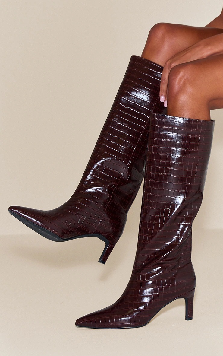 Glamour Empire 咖啡色 Vegan鱷魚壓紋皮革高跟長靴