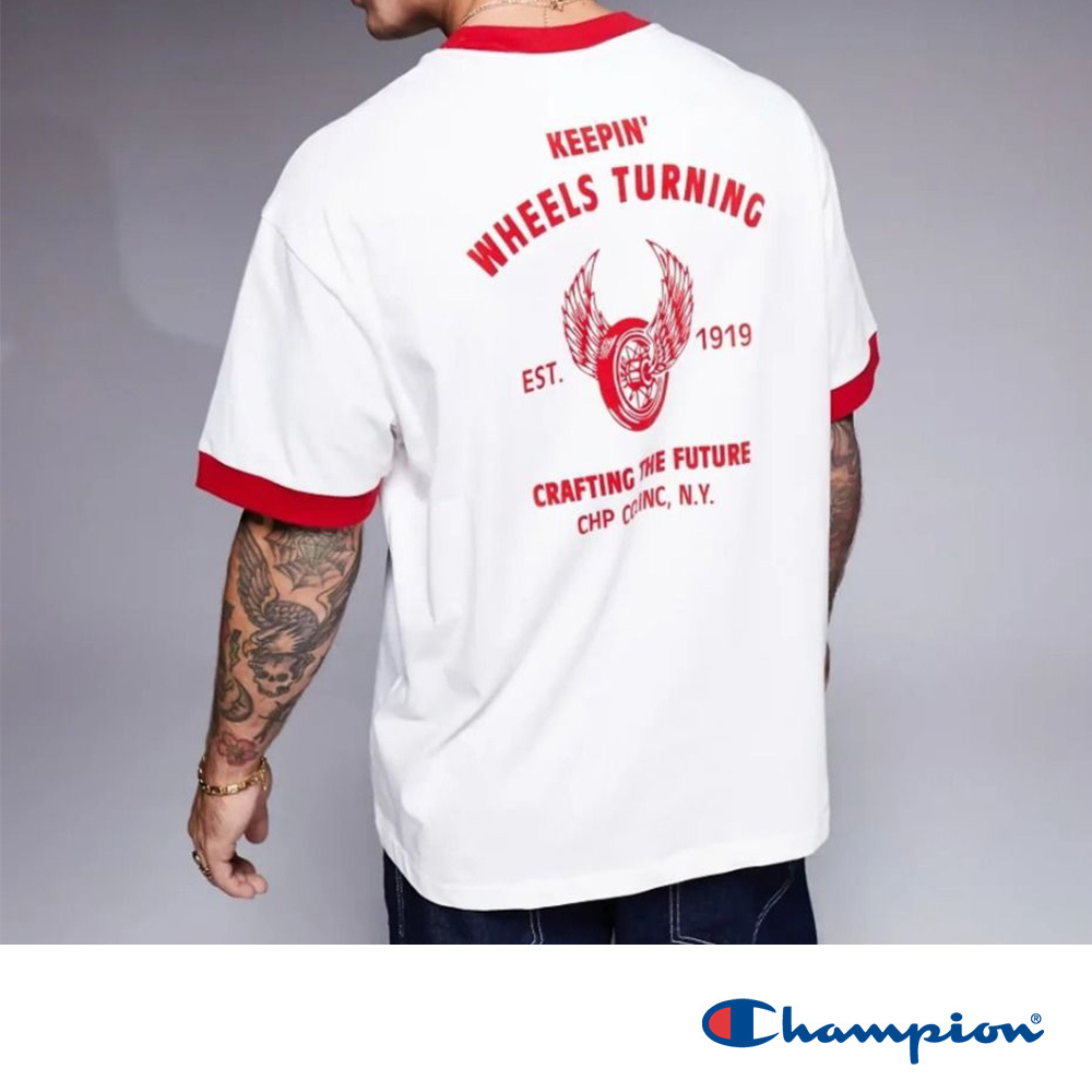 男款 -美式復刻印花 羅紋滾邊 短TEE-米紅色（220515-WW045）