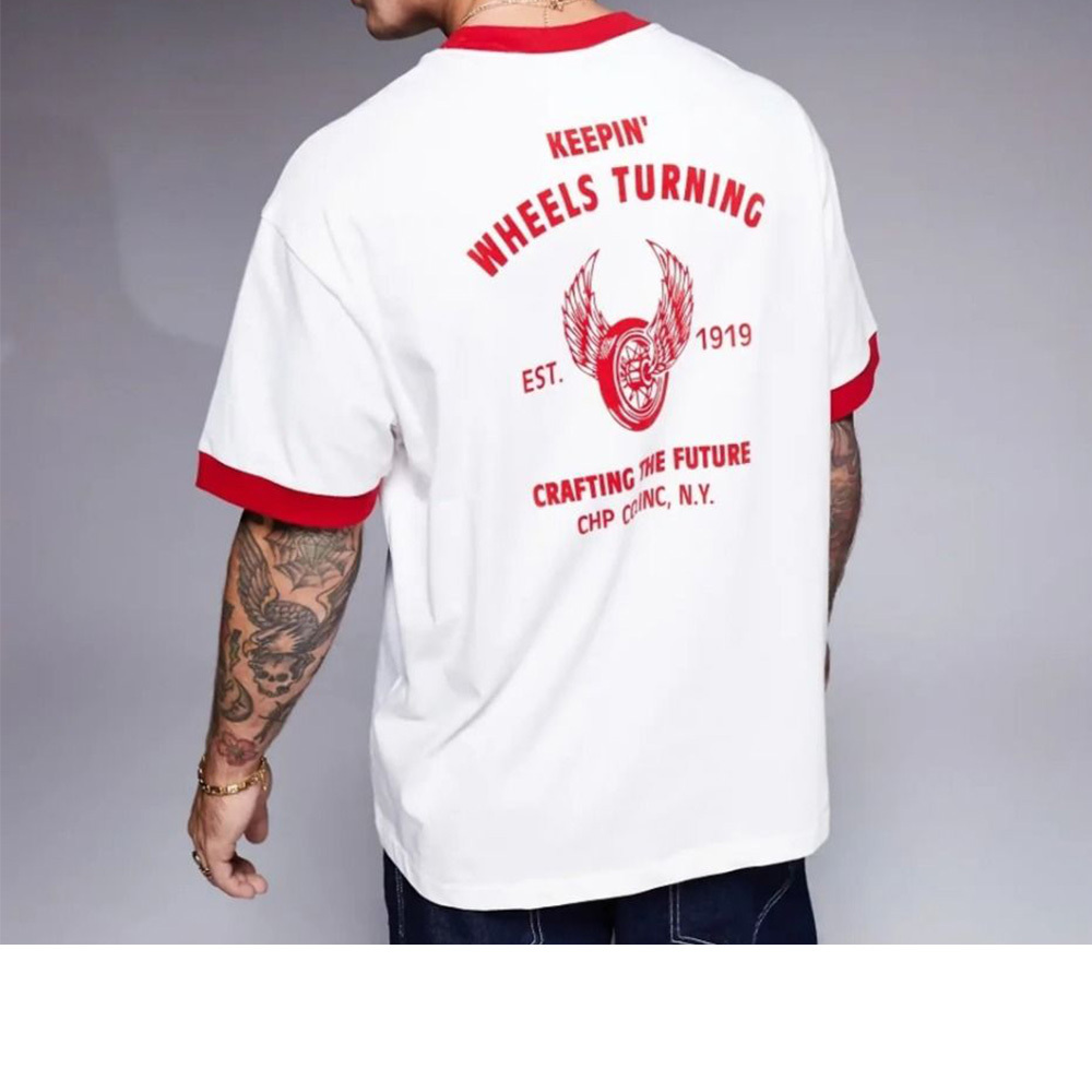 男款 -美式復刻印花 羅紋滾邊 短TEE-米紅色（220515-WW045）