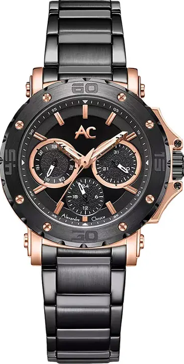 萬年鐘錶 - Alexandre Christie  9205系列  全黑玫瑰金三眼造型女錶 9205BFBBRBA  錶徑36MM