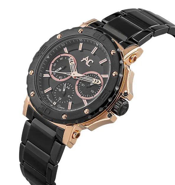 萬年鐘錶 - Alexandre Christie  9205系列  全黑玫瑰金三眼造型女錶 9205BFBBRBA  錶徑36MM