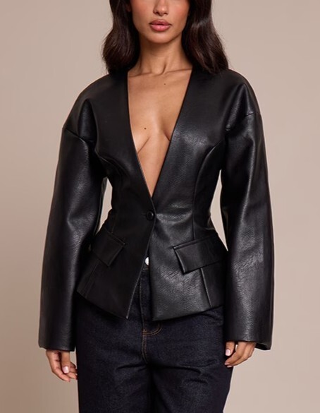 Black Glamour黑色 Vegan皮革收腰西裝外套