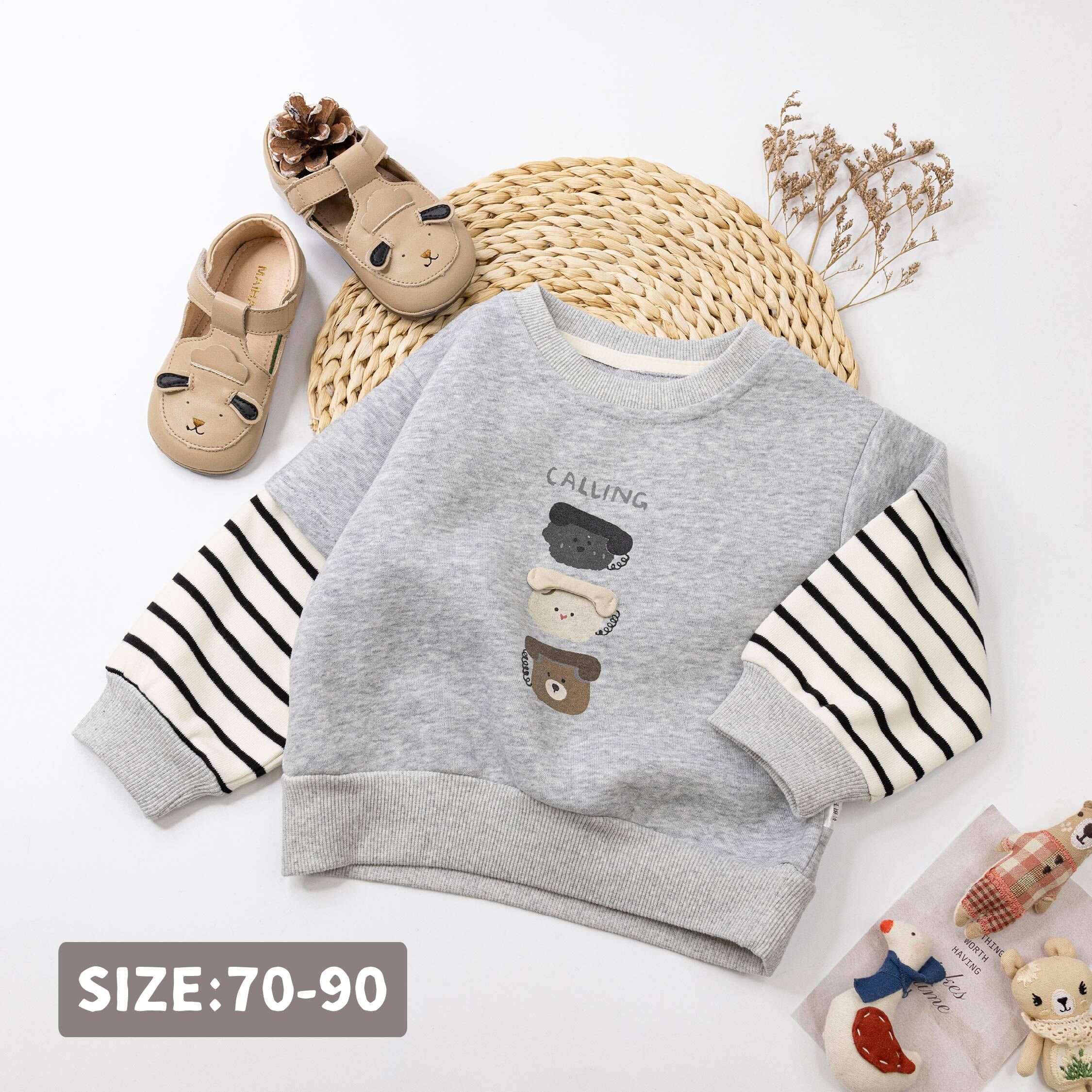 【H55497】俏皮小狗與小熊條紋拼接上衣