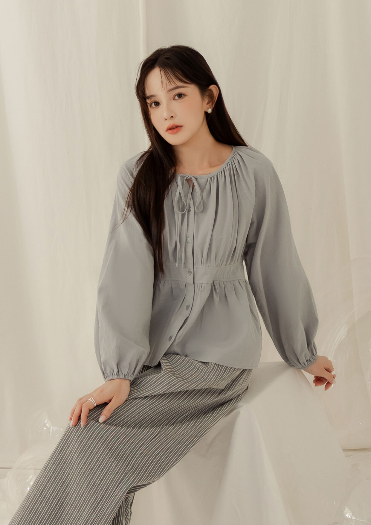 甜美綁帶領排釦上衣