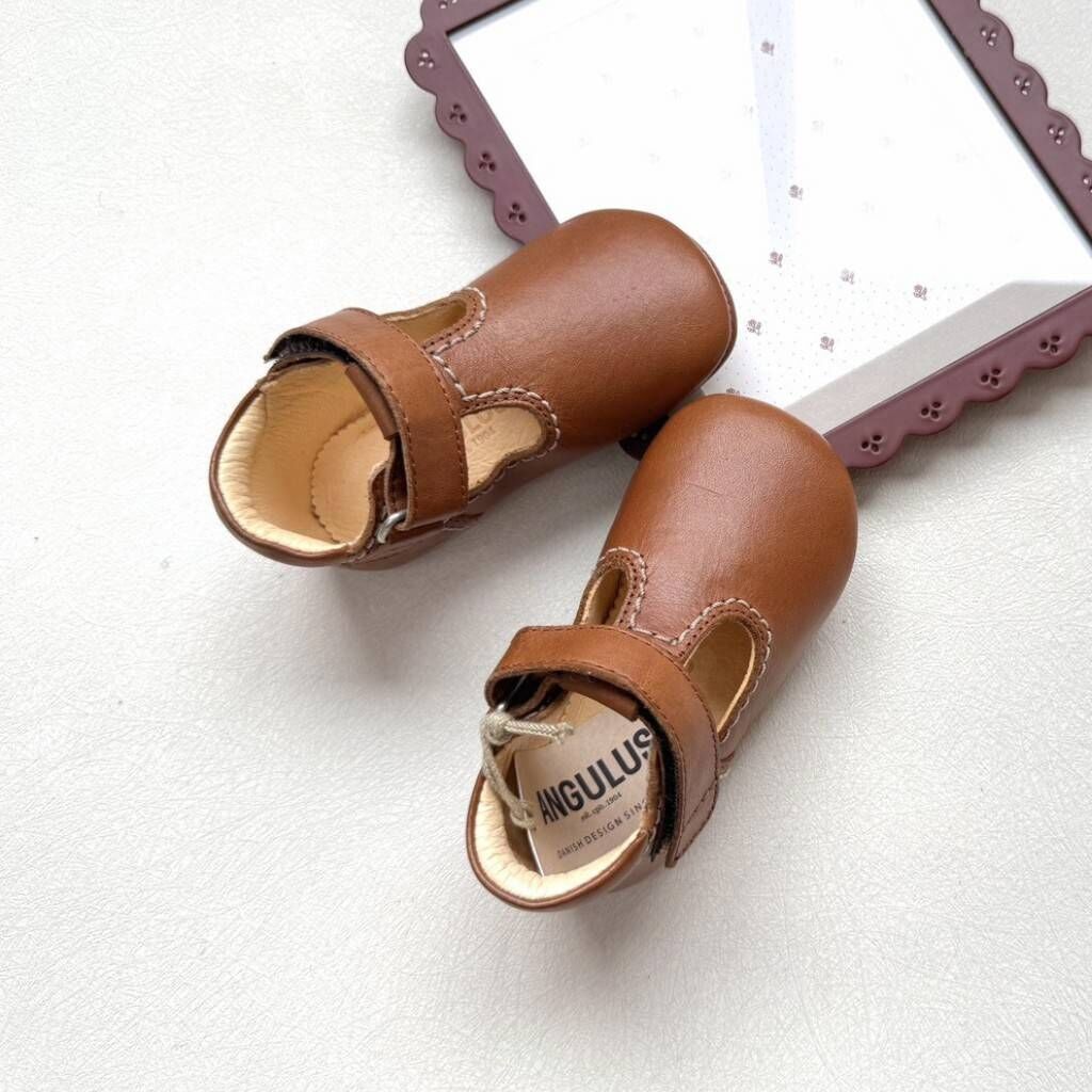 ANGULUS 基本百搭學步鞋 Prewalker with decorative contrast stitching - Cognac