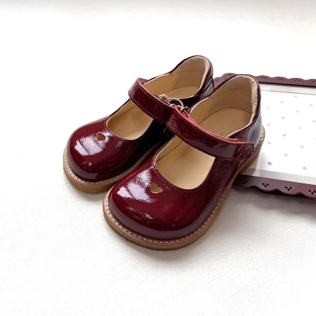 ANGULUS 亮面瑪莉珍愛心鞋 Mary Jane with heart and velcro closure - Cranberry