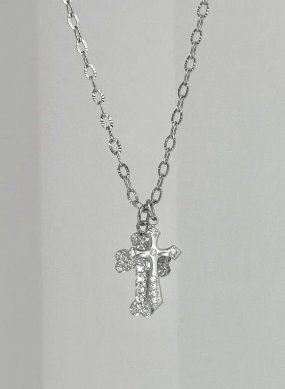 韓國Ofuse 雙層十字架水鑽項鍊 宋雨琦同款