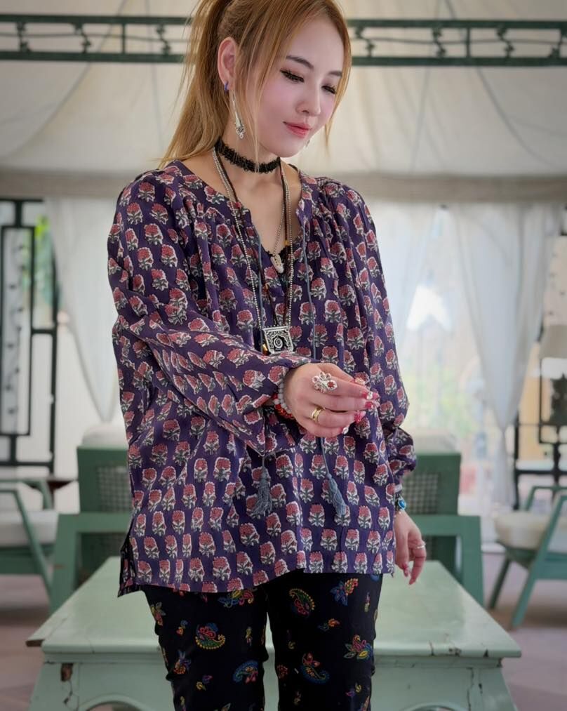 *印度直送 約3-5星期到貨* Macrame 法式款長袖top Blockprint紫色 - K09 (1024live)