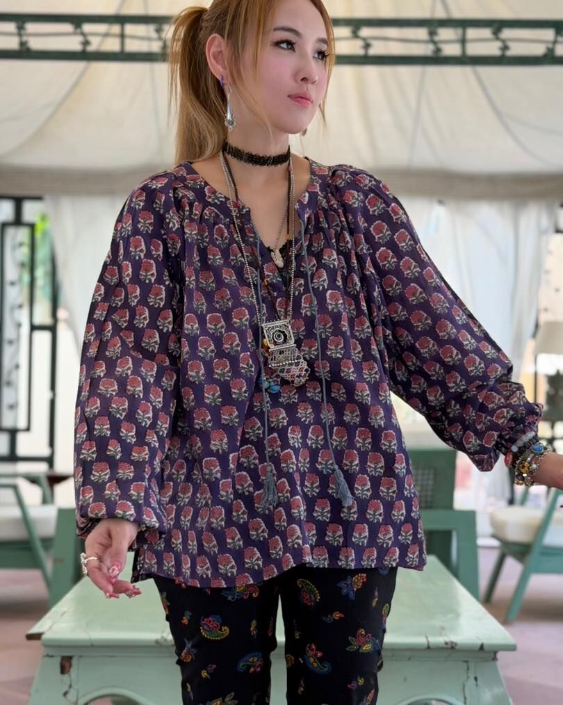 *印度直送 約3-5星期到貨* Macrame 法式款長袖top Blockprint紫色 - K09 (1024live)