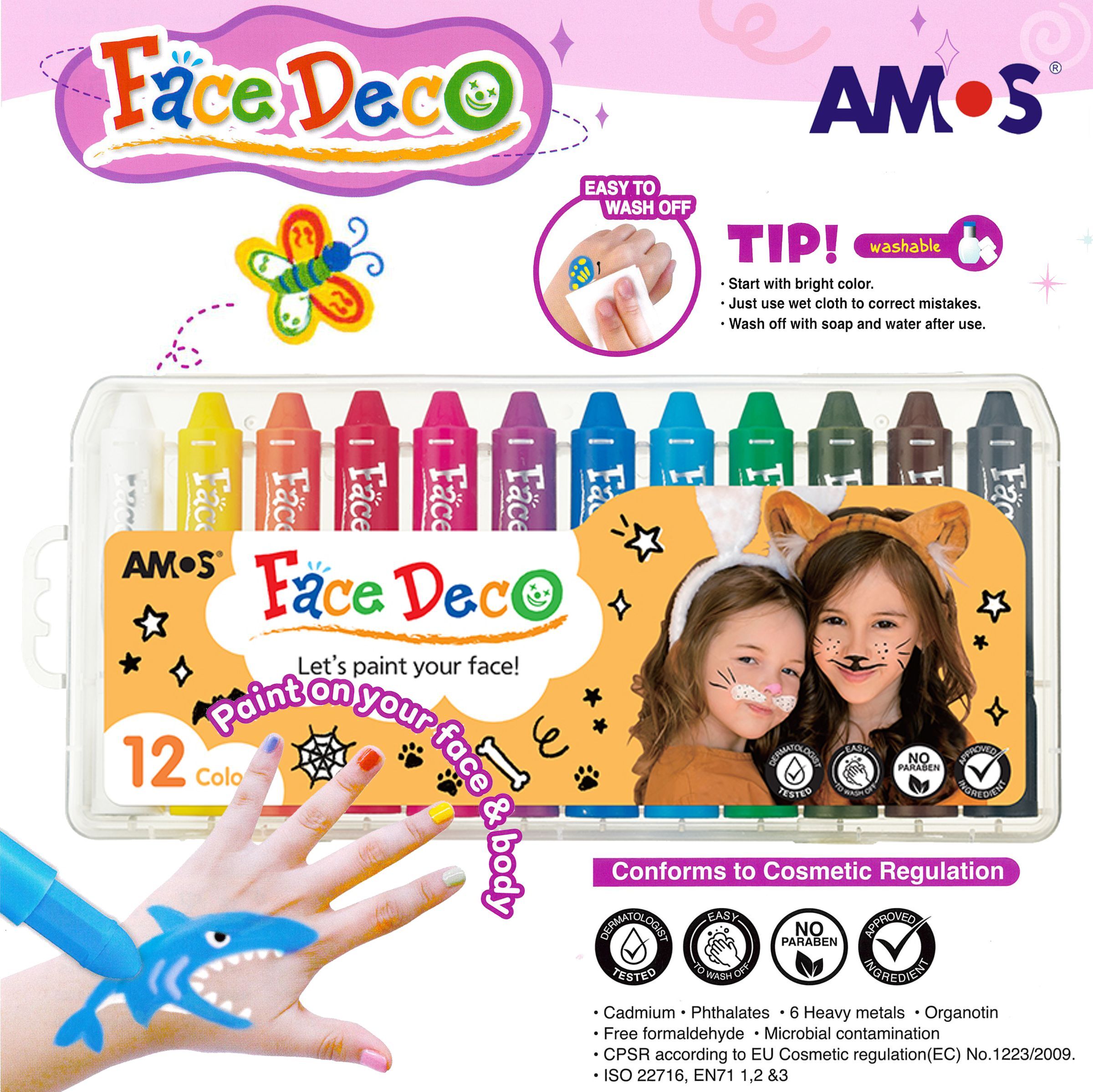 AMOS - 韓國 AMOS 繪臉彩蠟筆, 全套12色套裝 #FD5PC12《香港行貨》- 1 套 (繪面畫臉畫面彩)
