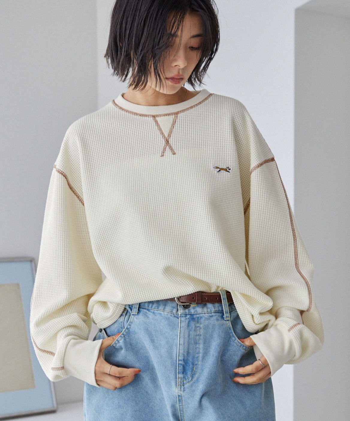 #現貨 日本限定 PENNEYS THE FOX 抗菌除臭 刺繡拼接 華夫格長袖 五色