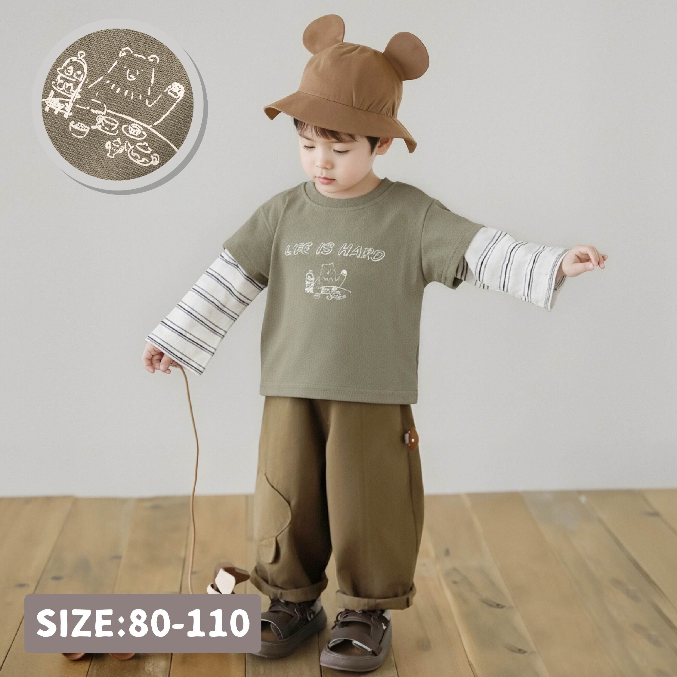 【H55588】熊熊下午茶條紋拼接假兩件上衣