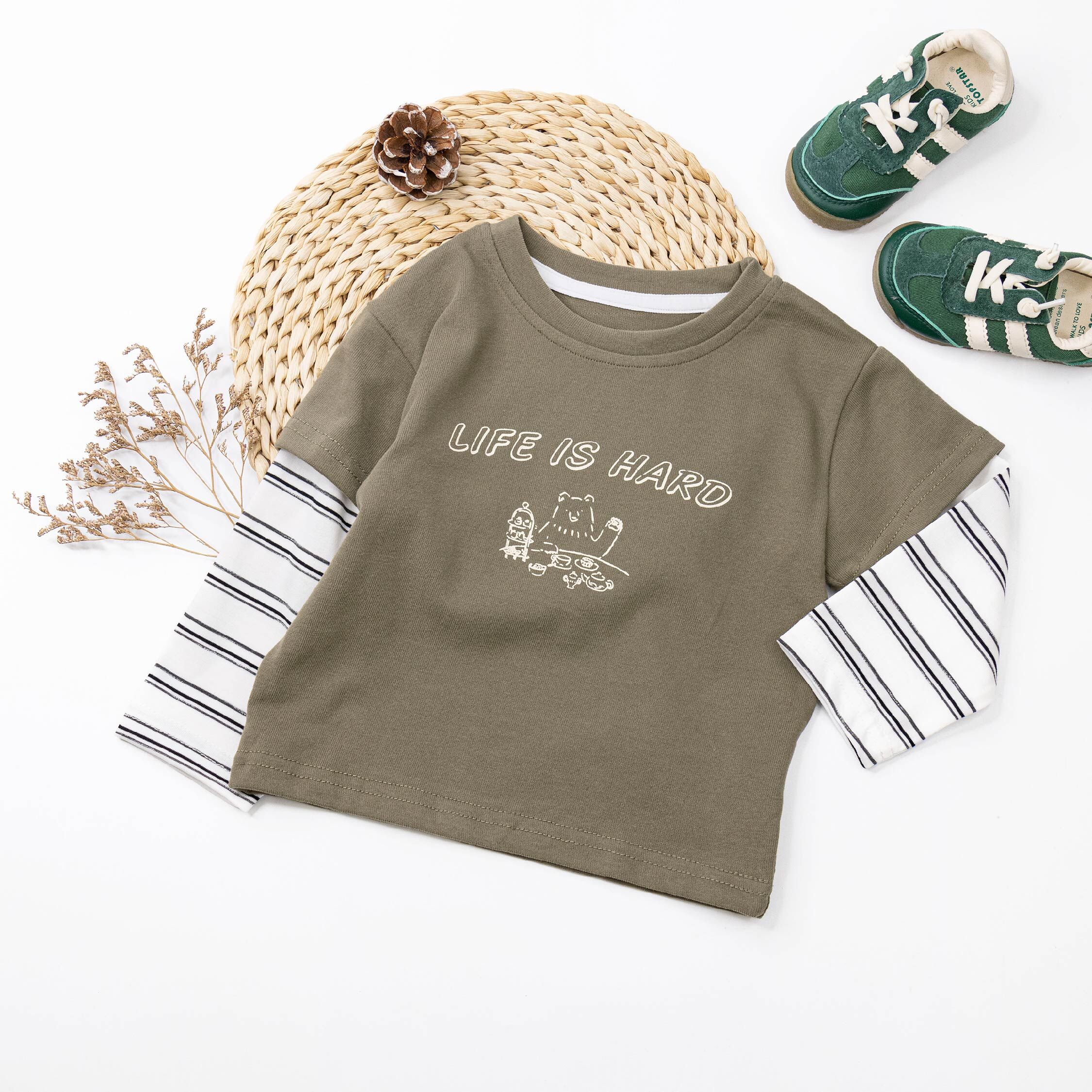 【H55588】熊熊下午茶條紋拼接假兩件上衣