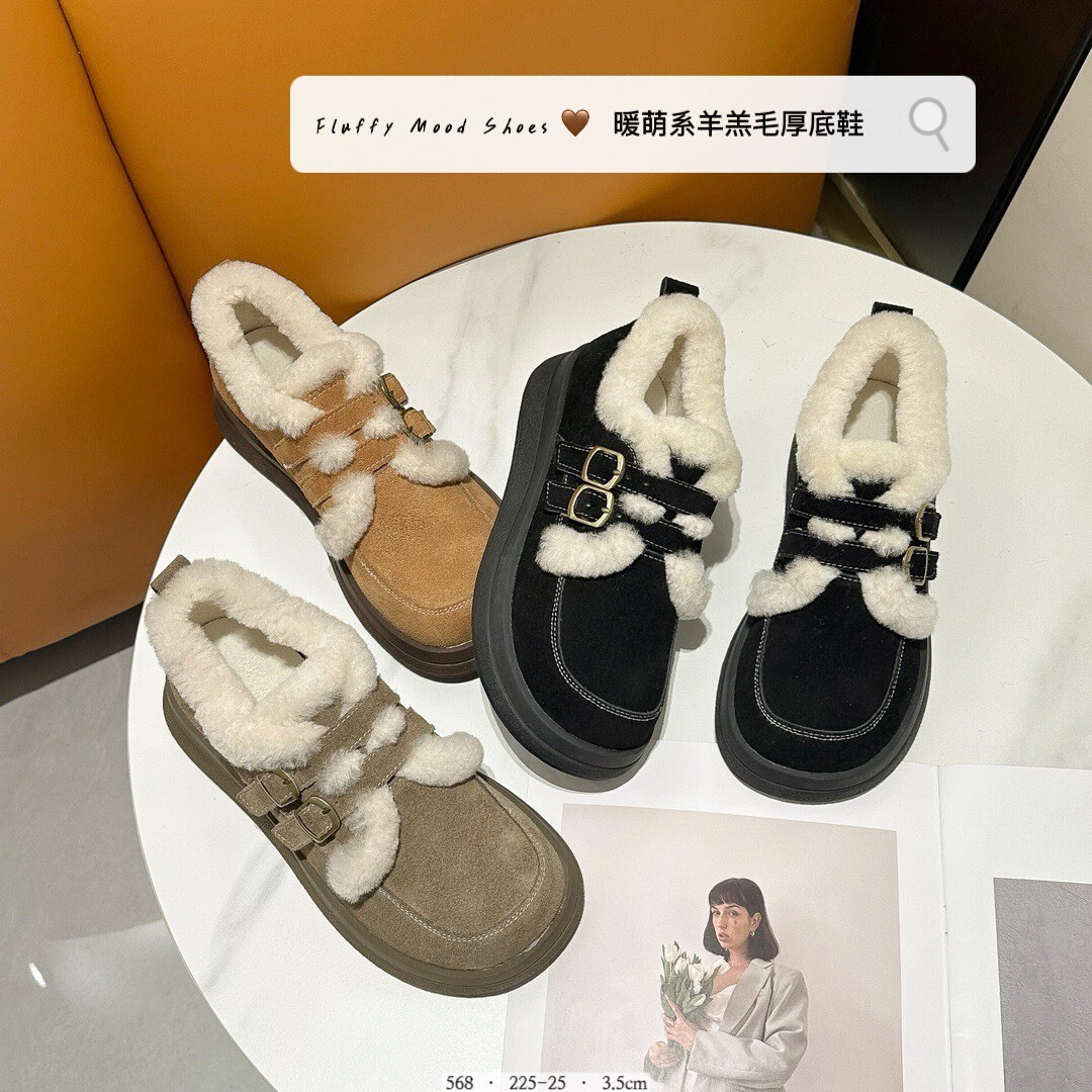 568-韓國麂皮羊羔毛雙釦厚底鞋