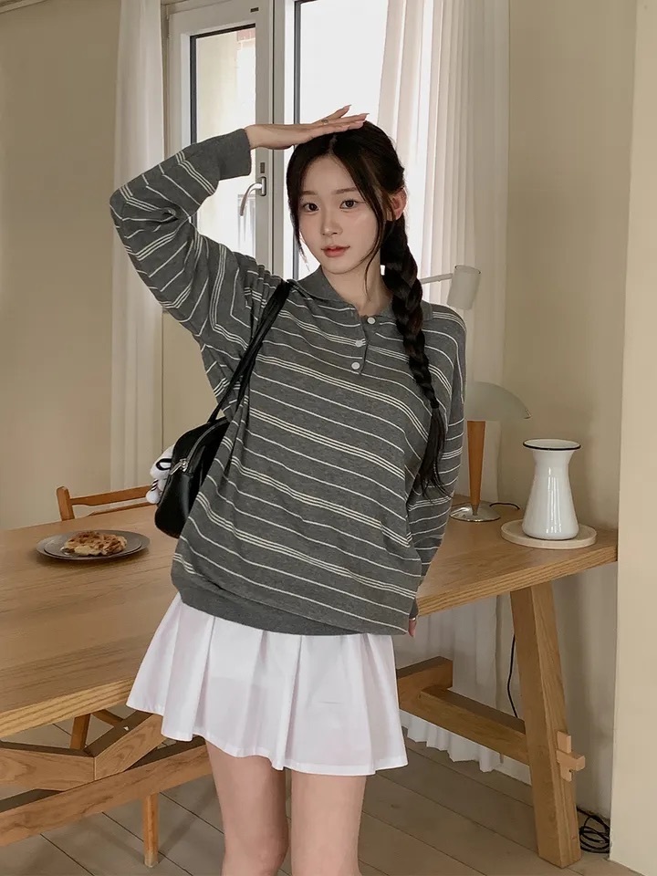 【優惠預訂】韓國反領鈕扣條紋針織上衣（6色）