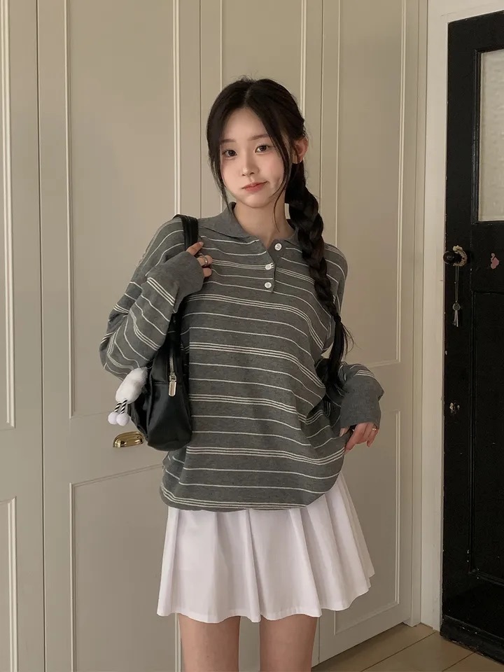 【優惠預訂】韓國反領鈕扣條紋針織上衣（6色）