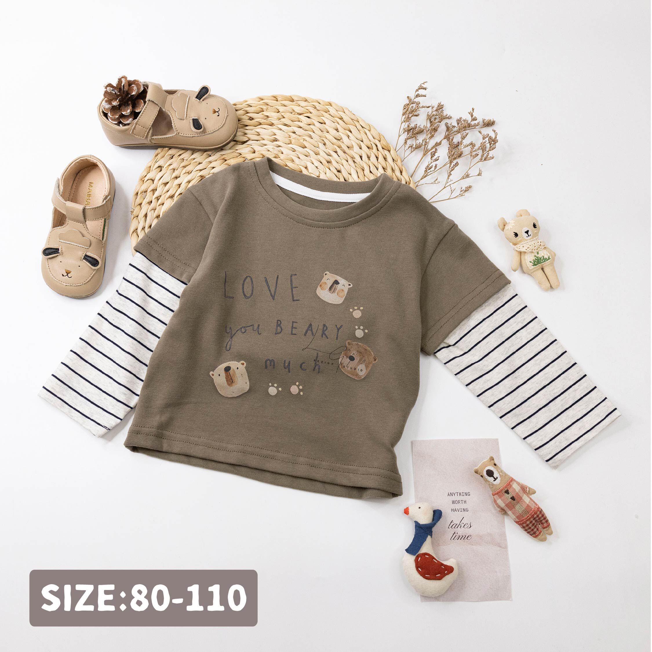 【H55583】LOVE熊條紋拼接假兩件上衣