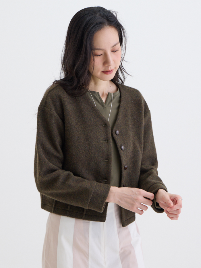 夢遊圍欄V型長袖毛料外套-墨綠