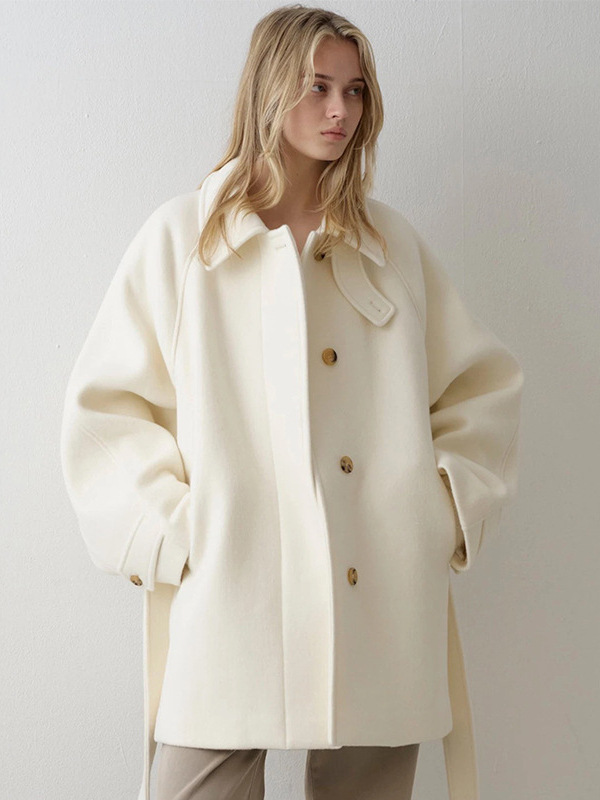 ᴷᴼᴿᴱᴬ 🇰🇷極簡慵懶立領綁帶中長款羊毛大衣(兩色）