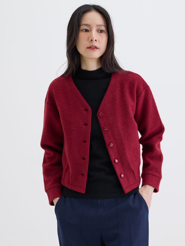夢遊圍欄V型長袖毛料外套-勃跟地紅