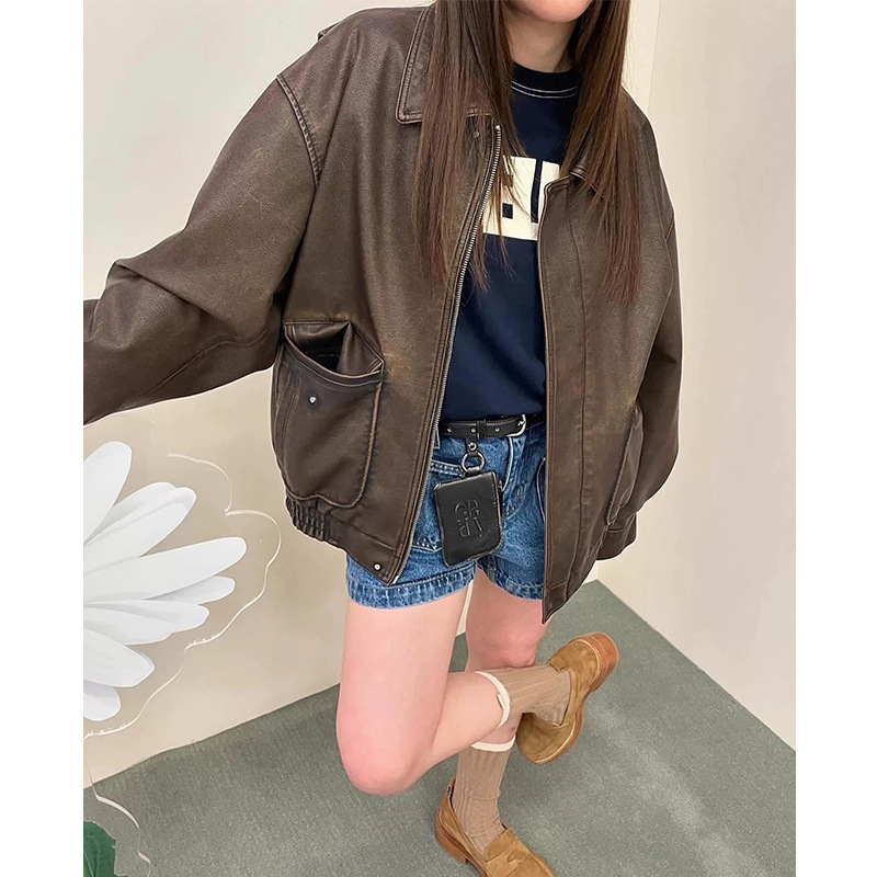 ᴷᴼᴿᴱᴬ 🇰🇷復古做舊感寬鬆PU皮夾克外套（兩色）