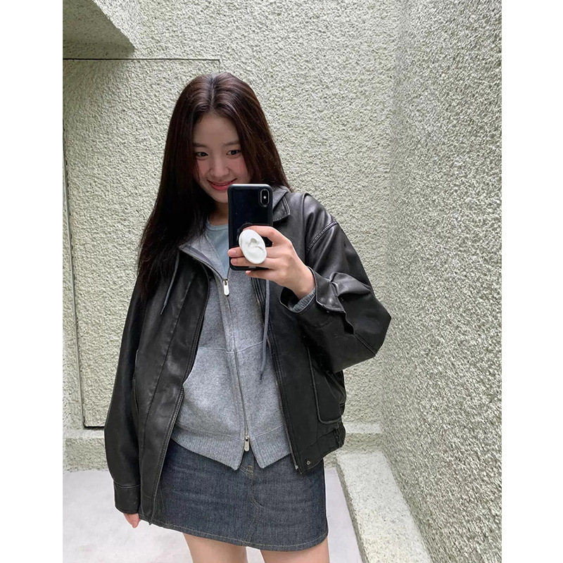 ᴷᴼᴿᴱᴬ 🇰🇷復古做舊感寬鬆PU皮夾克外套（兩色）