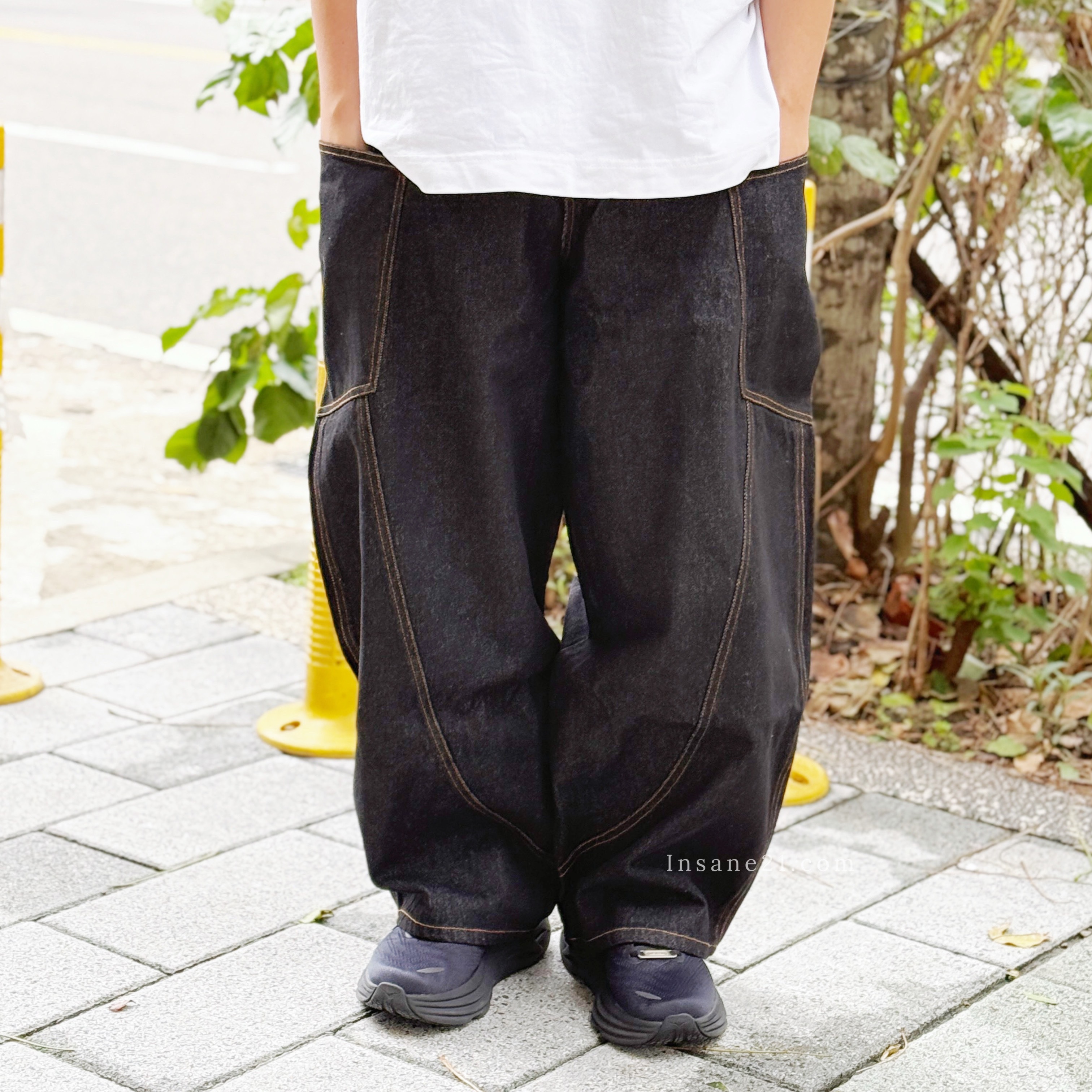 美式彎刀牛仔褲 大口袋 寬版 錐形 側口袋 橘車線