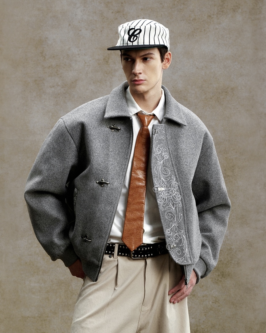 XIN SELECT 消防扣 巴洛克 刺繡 鋪棉 外套 花灰色