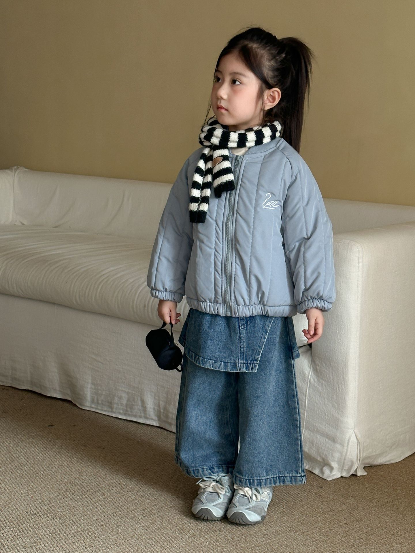 抓絨假兩件牛仔寬褲裙(80-150)