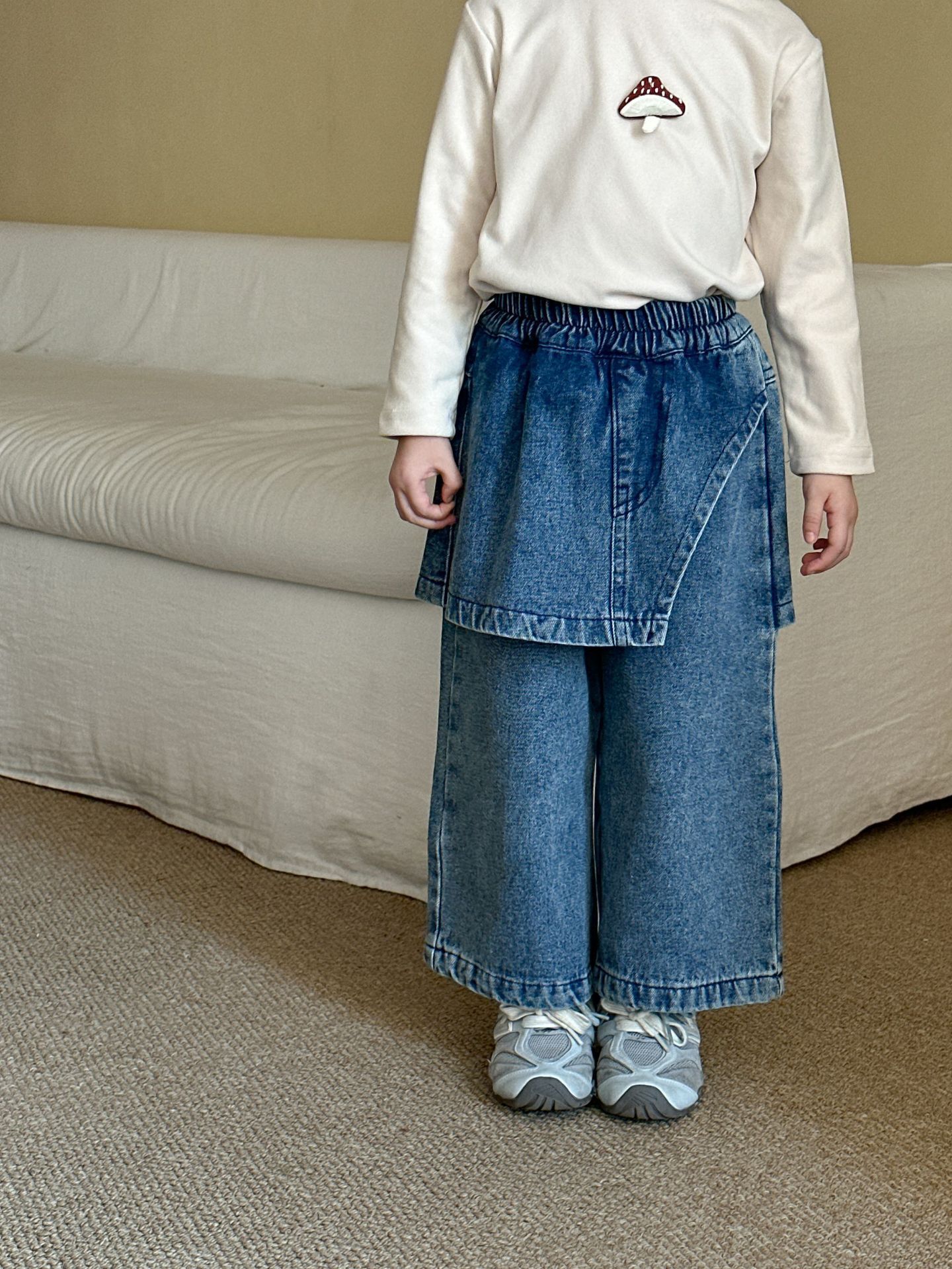 抓絨假兩件牛仔寬褲裙(80-150)