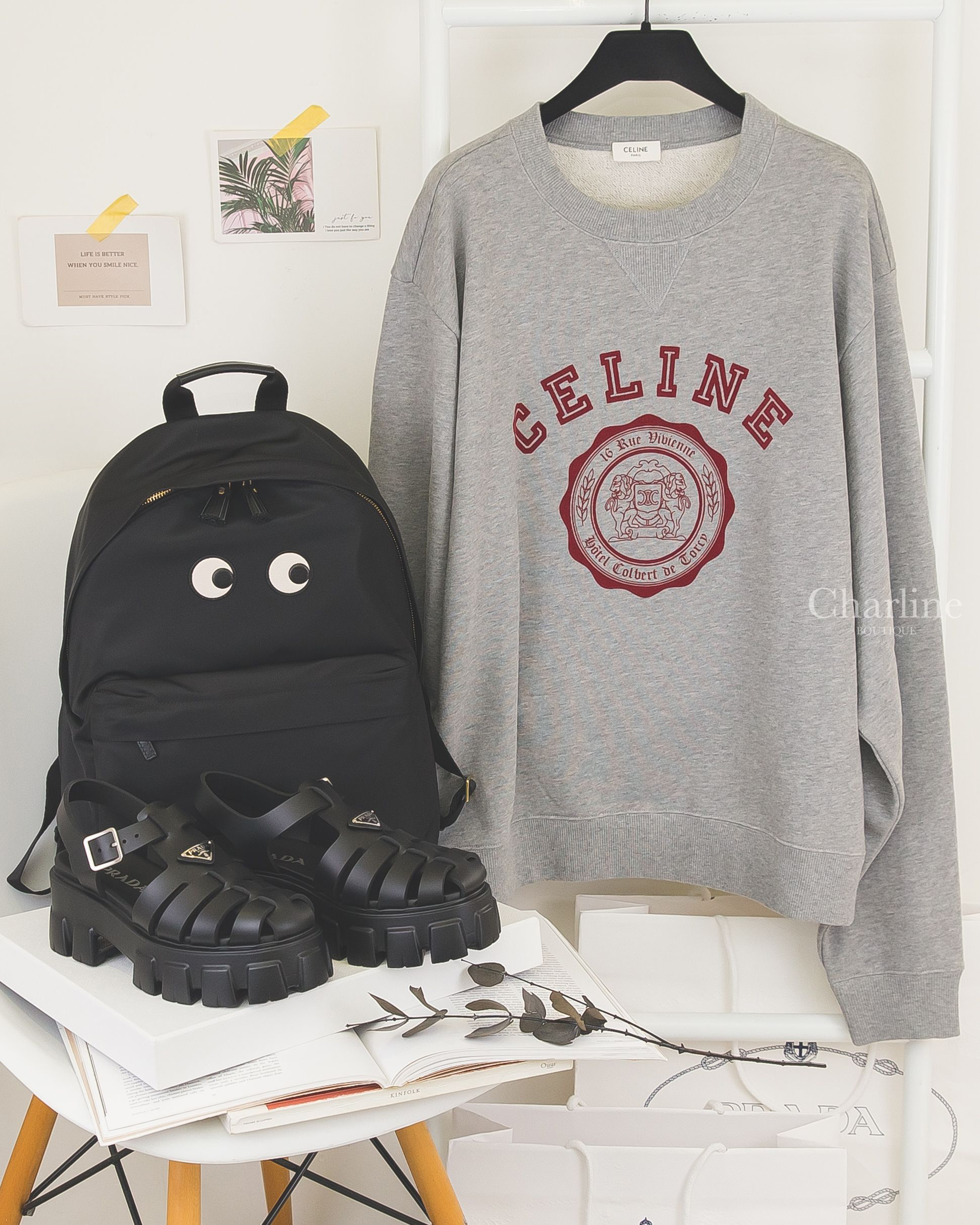 Anya Hindmarch Eyes Backpack 黑色再生尼龍白色牛皮眼睛紅色內裡黑色流蘇金色拉鍊大型手提後背包,Prada 黑色橡膠三角銀字Logo厚底涼鞋-Charline Boutique 精品代購