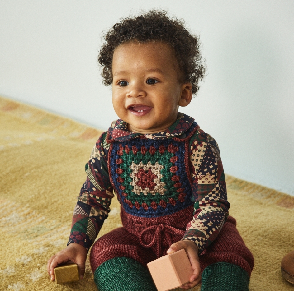 Misha & Puff 三角形拼接包屁衣 Baby Petit Collar Onesie - Madder Root Patchwork