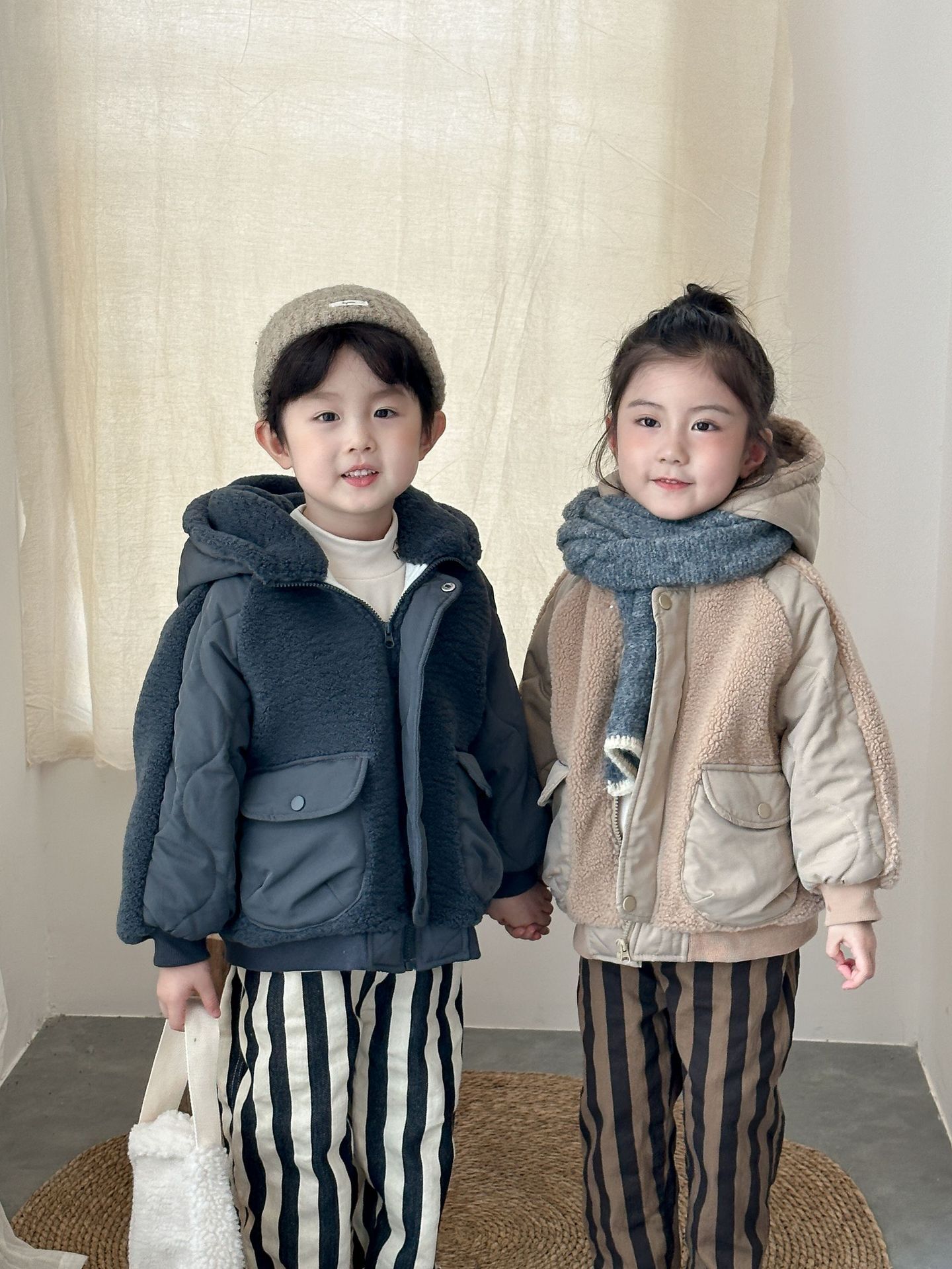 拼接羊羔絨連帽外套(80-150)