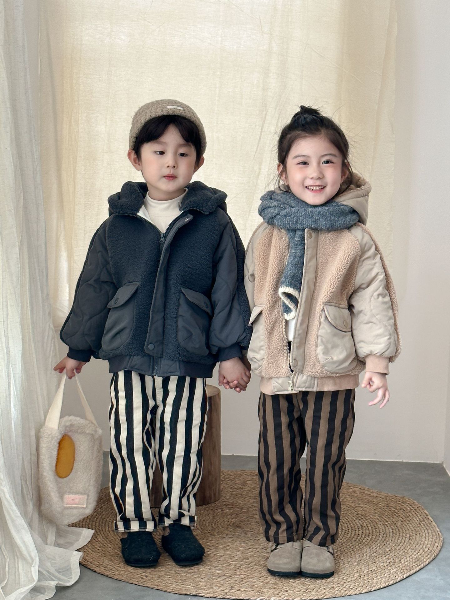 拼接羊羔絨連帽外套(80-150)