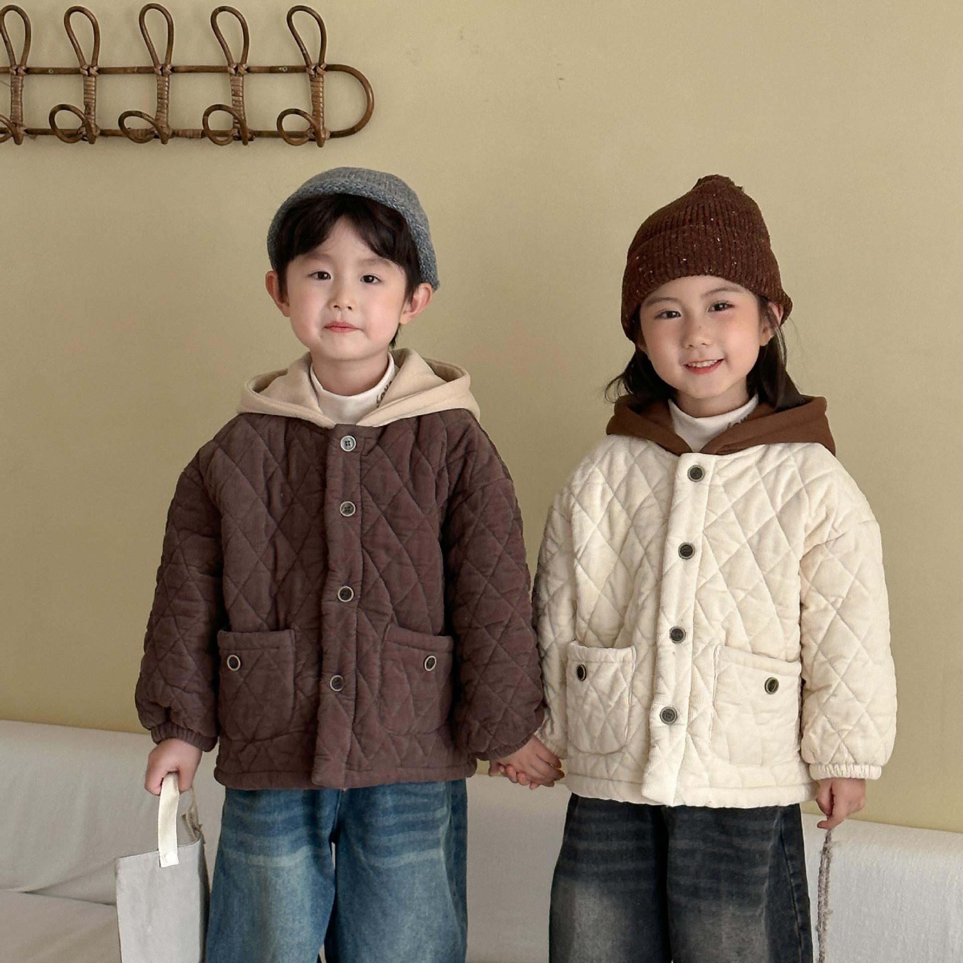 燈芯絨菱格連帽夾克(80-150)