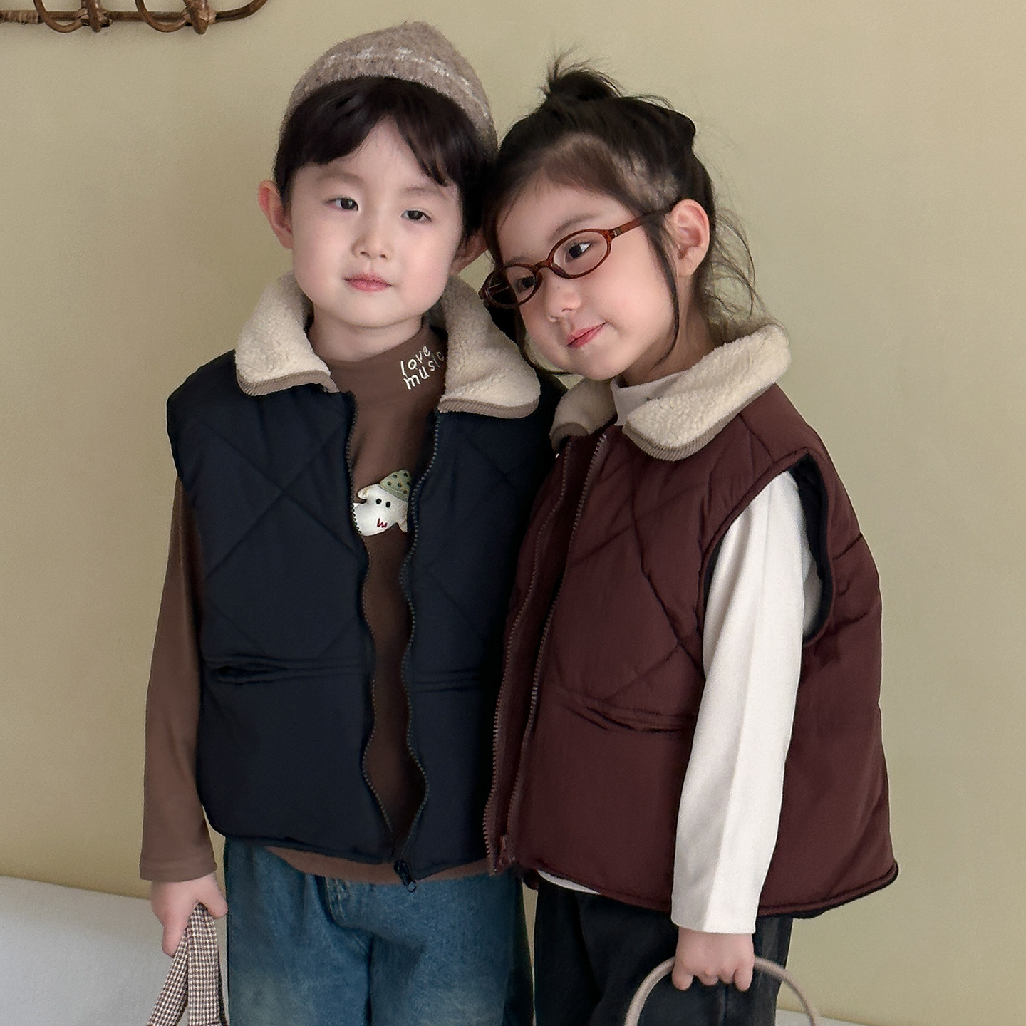 拼接毛領加絨背心(80-150)