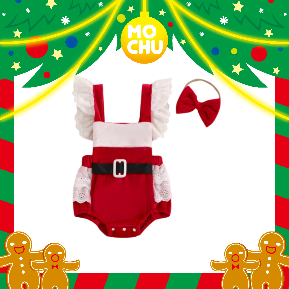 (9-12M)甜美蕾絲聖誕吊帶包屁衣