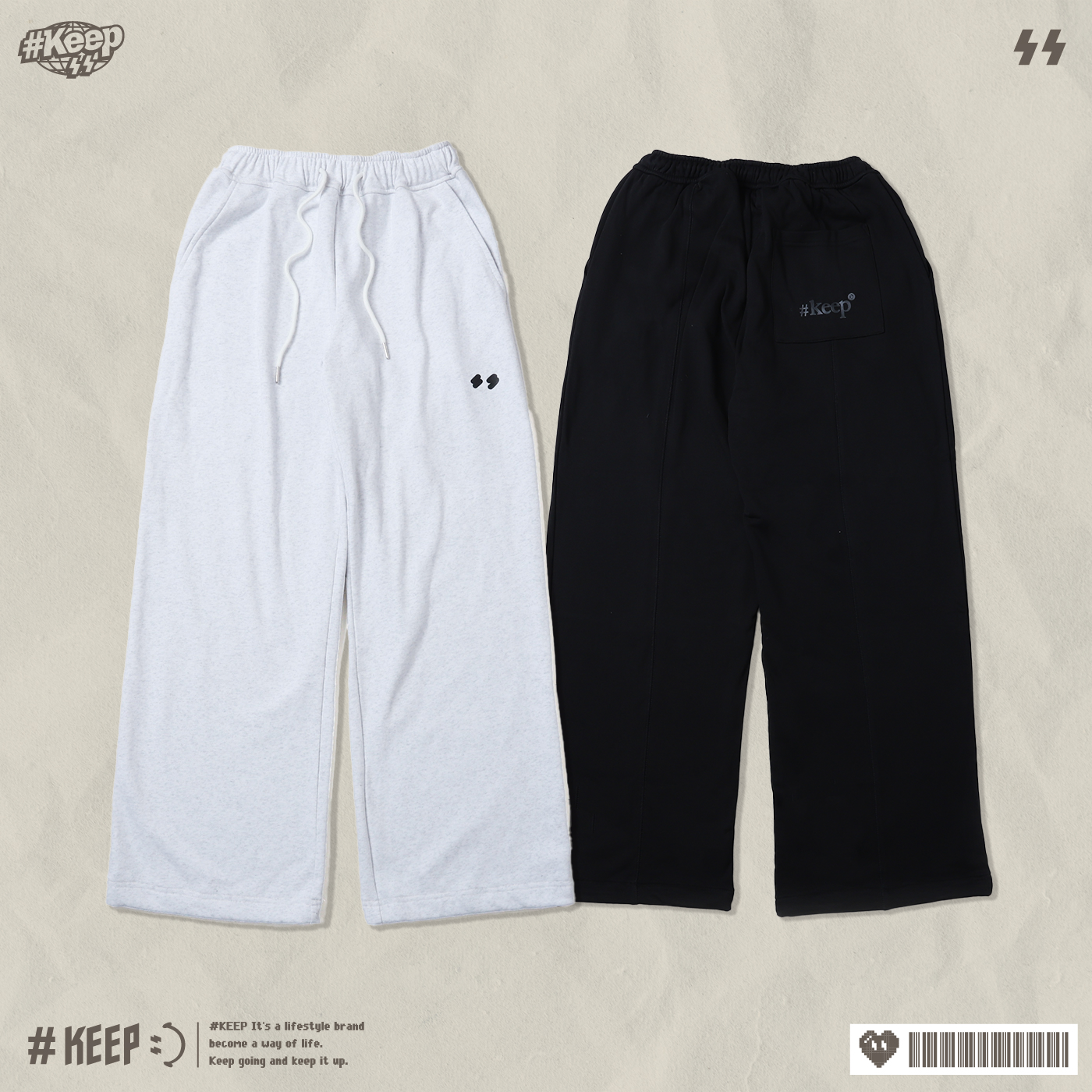 #KEEP WHAT YOU LOVE SWEATPANTS 黑色 灰白色 寬鬆 小閃電 微笑 LOGO 素描雲朵人 堅持所愛長棉褲【KS264】