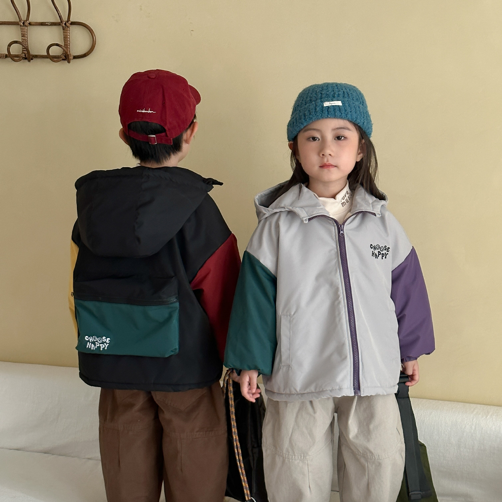 背後大口袋拼色連帽外套(80-150)