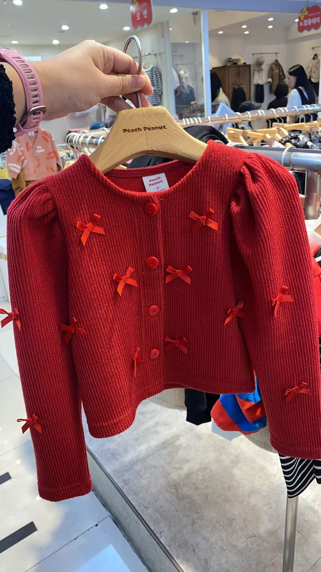 BYB11OW047RD PEACH-韓國紅色蝴蝶結針織外套