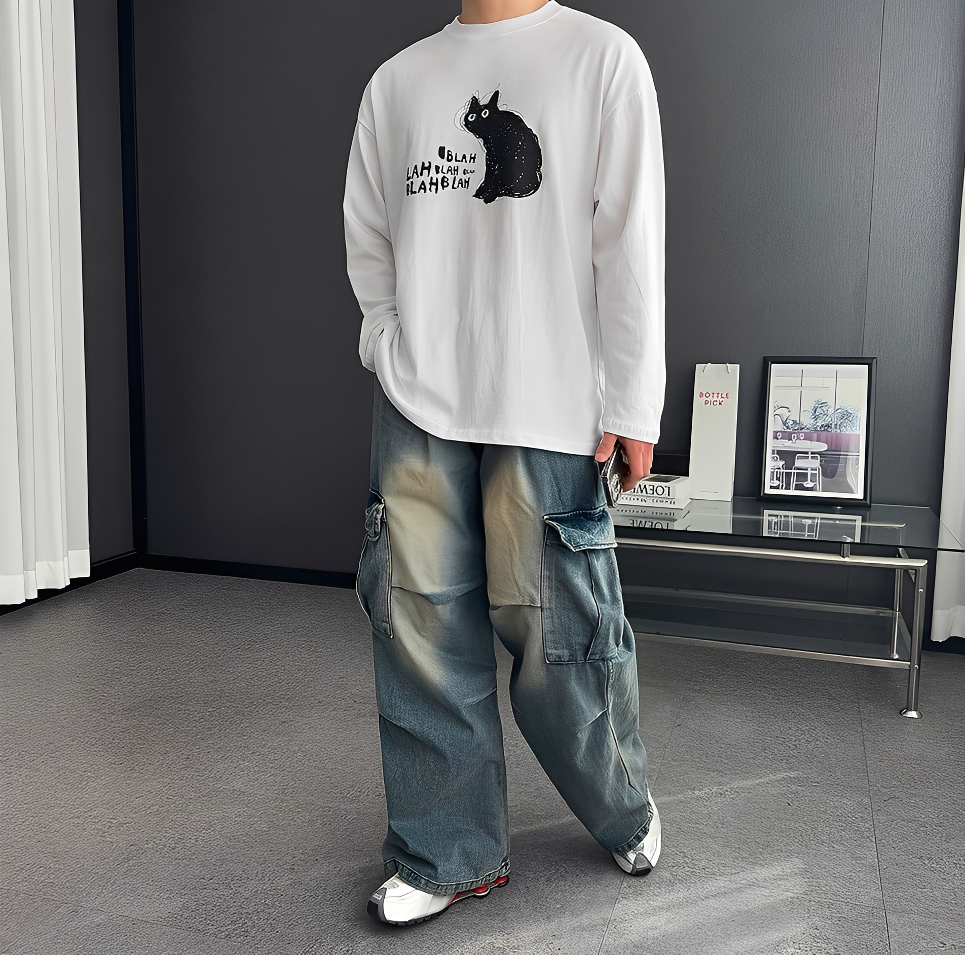 手繪 貓咪 寬鬆 落肩 男女 長袖