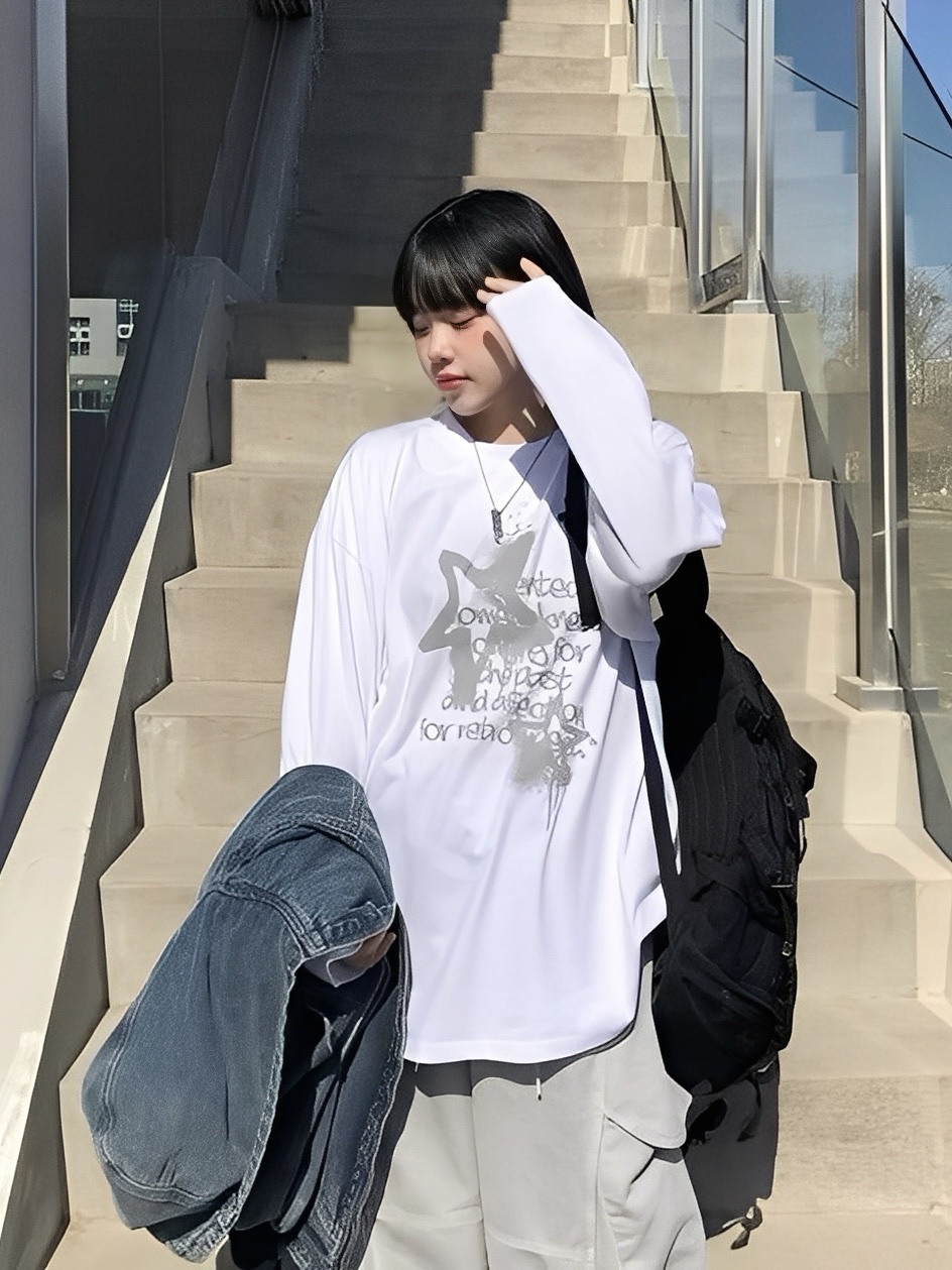 休閒 星星 塗鴉 字母 純棉 長袖