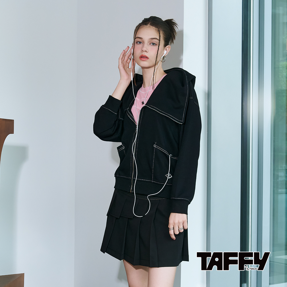 MA‧TSU Mi 撞色車線設計感大翻領開襟拉鏈外套(黑)