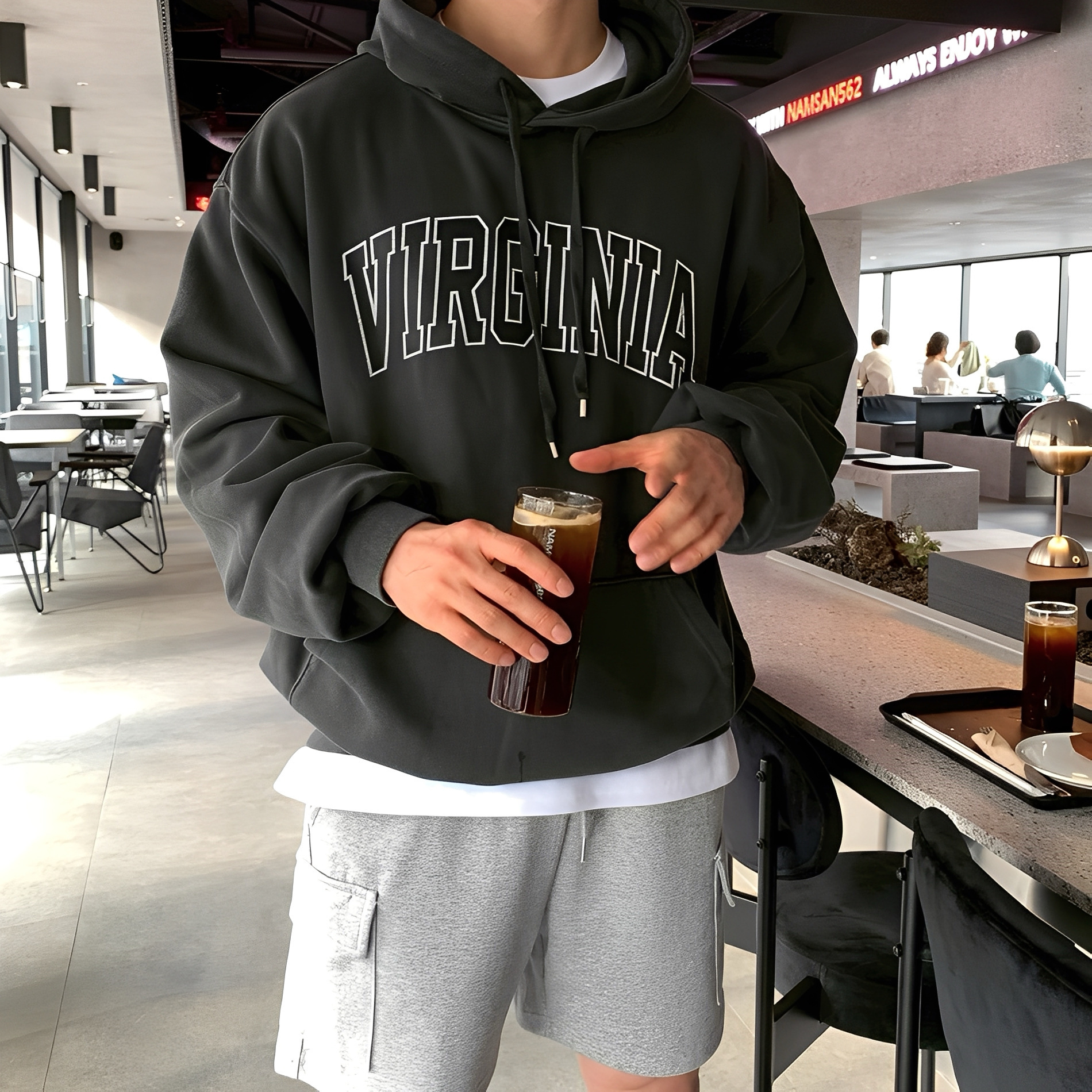 VIRGINIA 簡約 美式 英文 休閒 長袖 牛奶絨 帽Tee