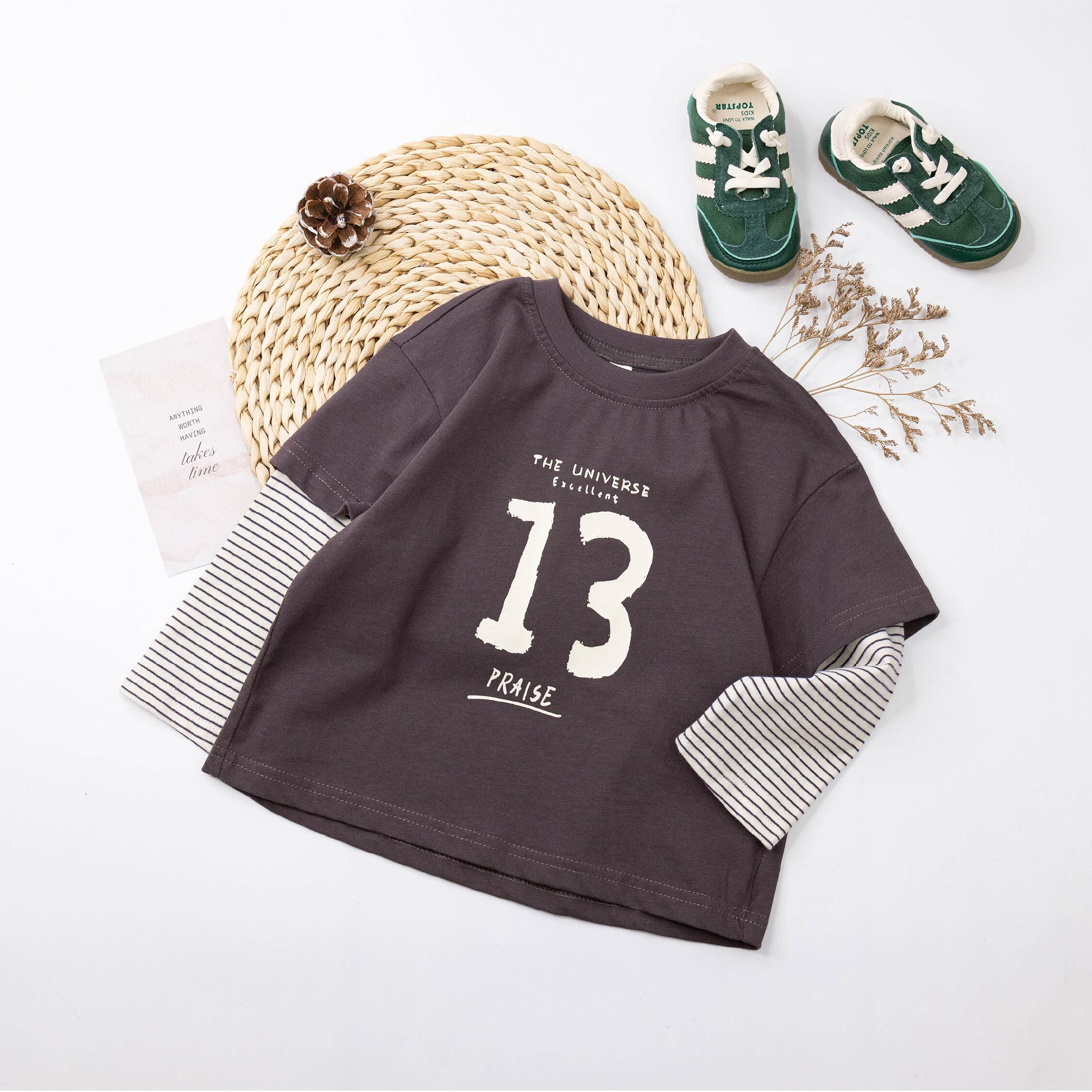 【H55655】數字13條紋拼接假兩件上衣