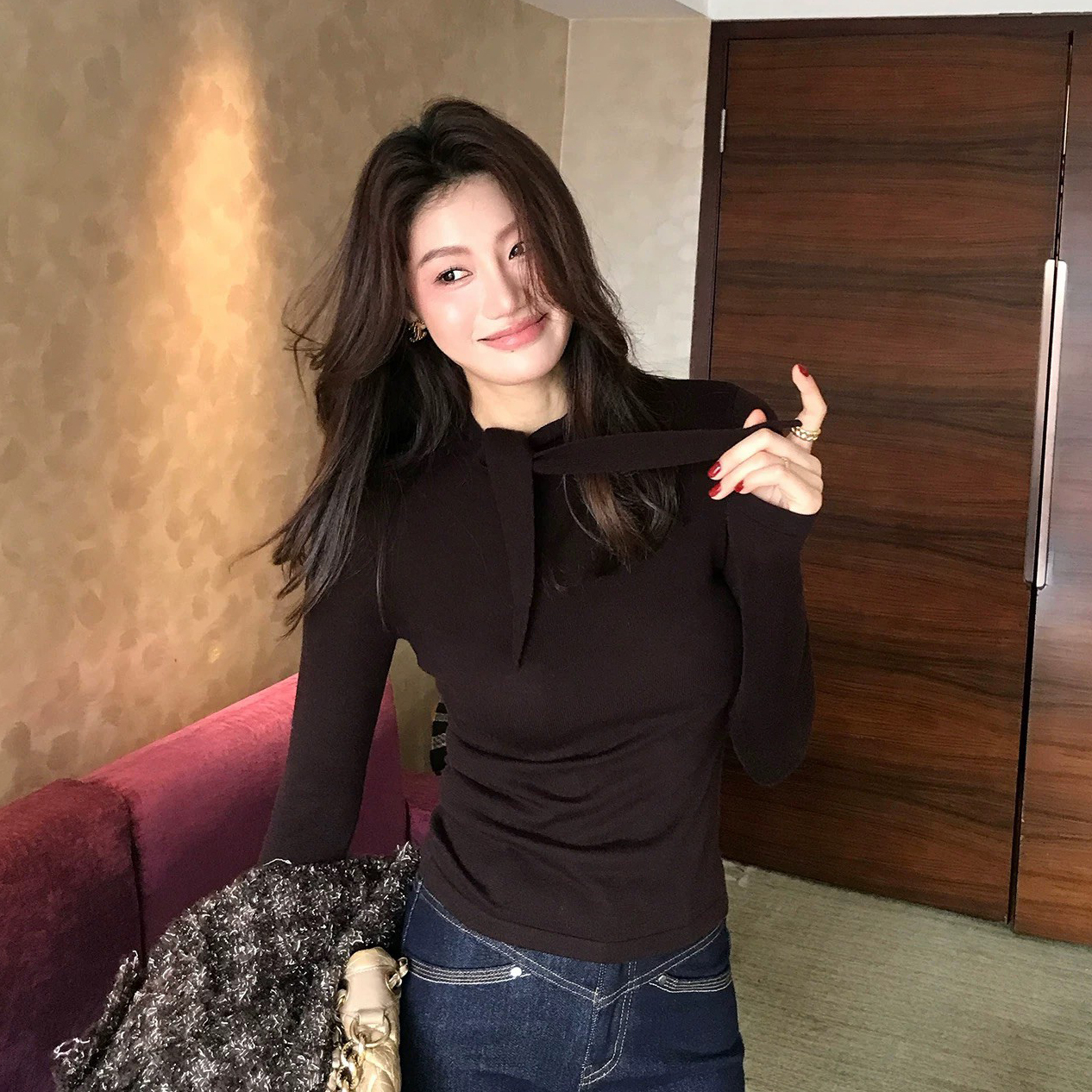 氣質感綁帶領巾造型合身長袖上衣-S-L / 3色 (Elegant & Love)