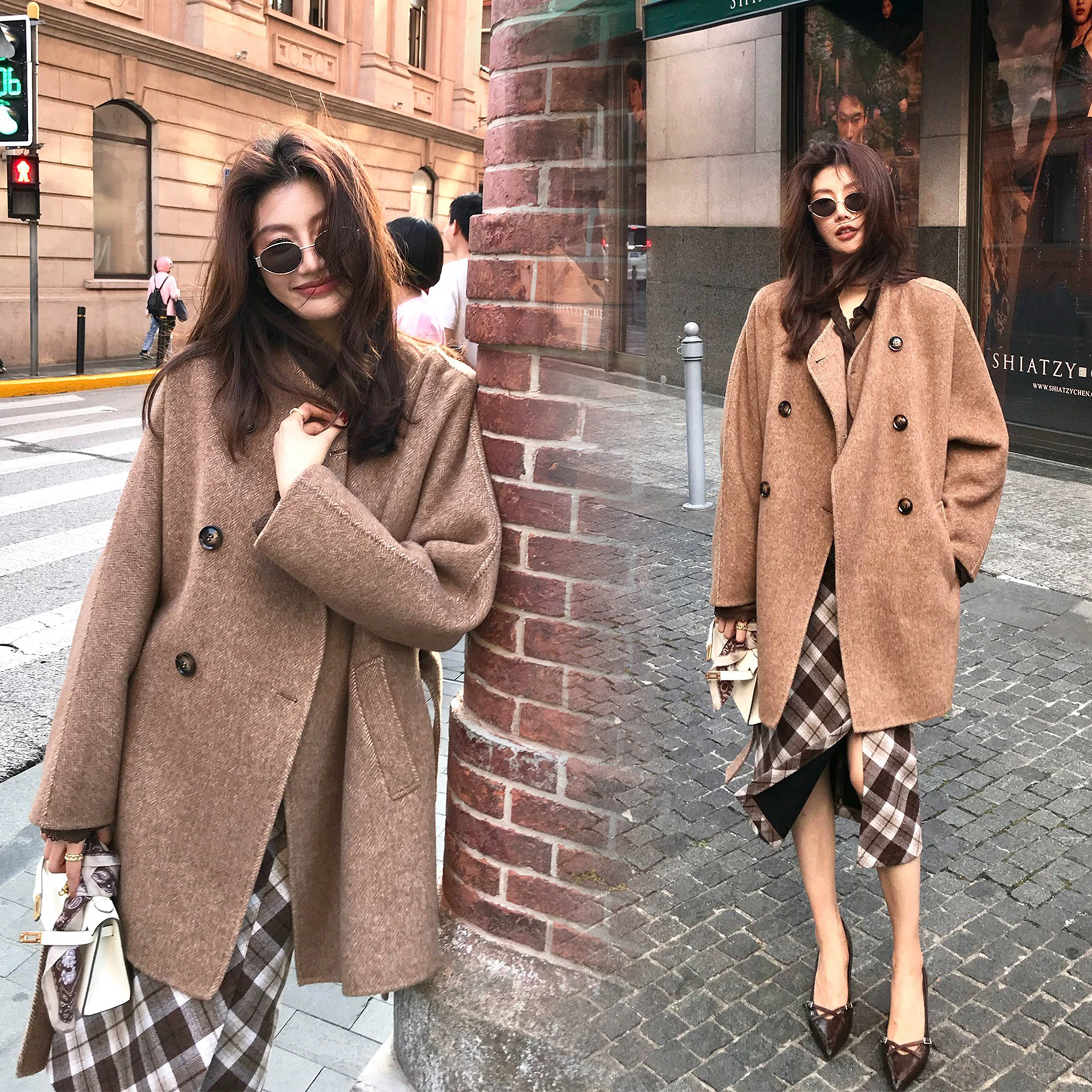 奶茶杏附綁帶雙排釦圓領短大衣外套-S-L (Elegant & Love)