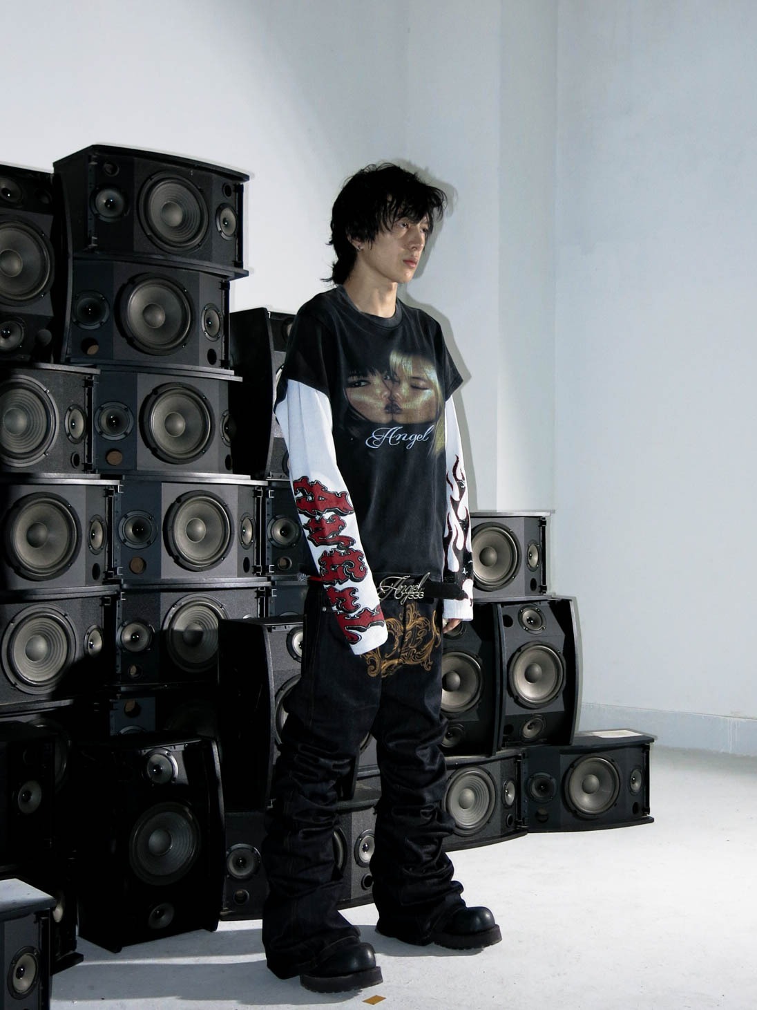 3MAN0N Angel 假兩件 華夫格拼接印花 水洗做舊  短袖T